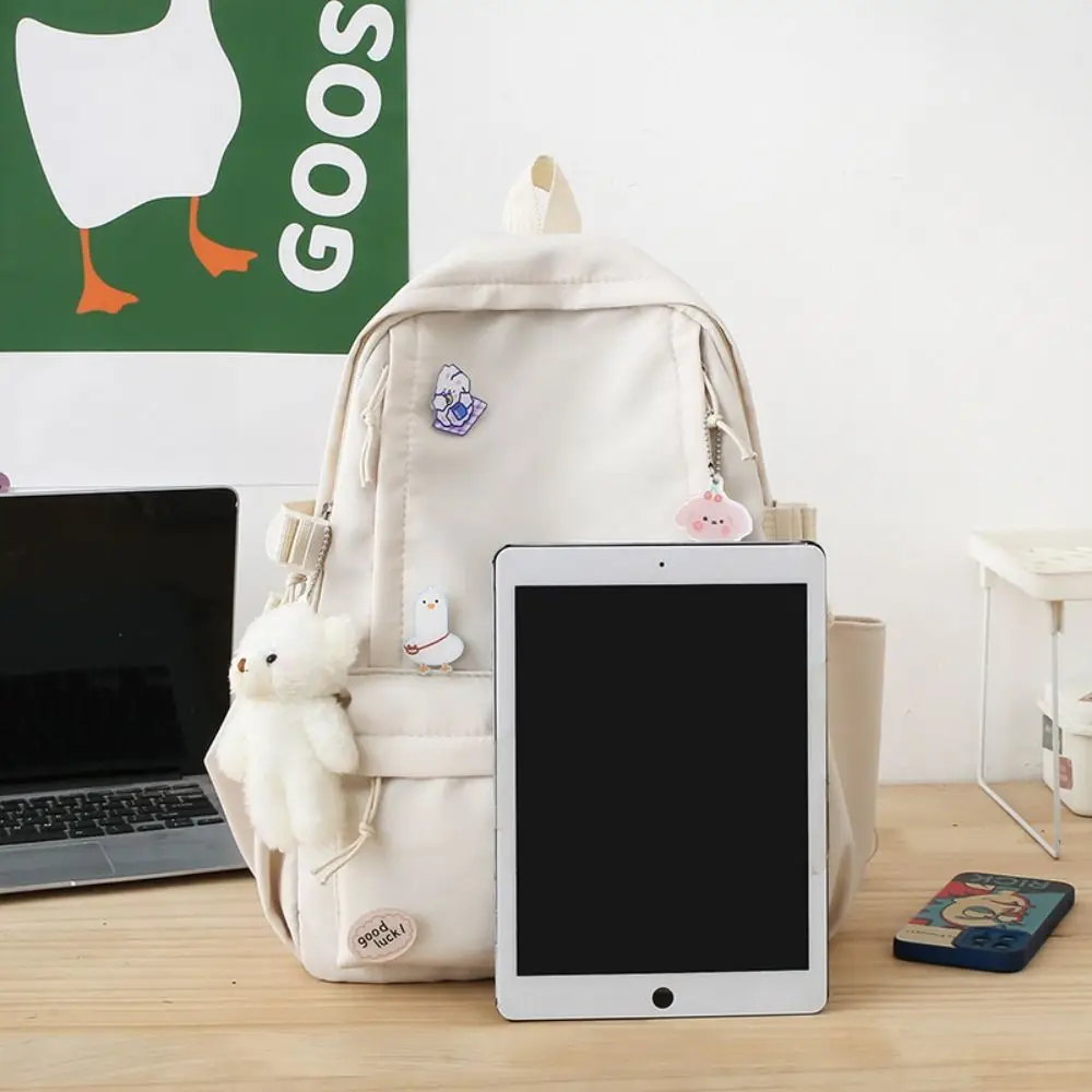 Tas Ransel Warna Solid dengan Liontin Beruang Lucu, Kapasitas Besar, Tas Sekolah untuk Siswa, Tas Travel, Tas Penyimpanan, Tas Selempang, Tas Perjalanan