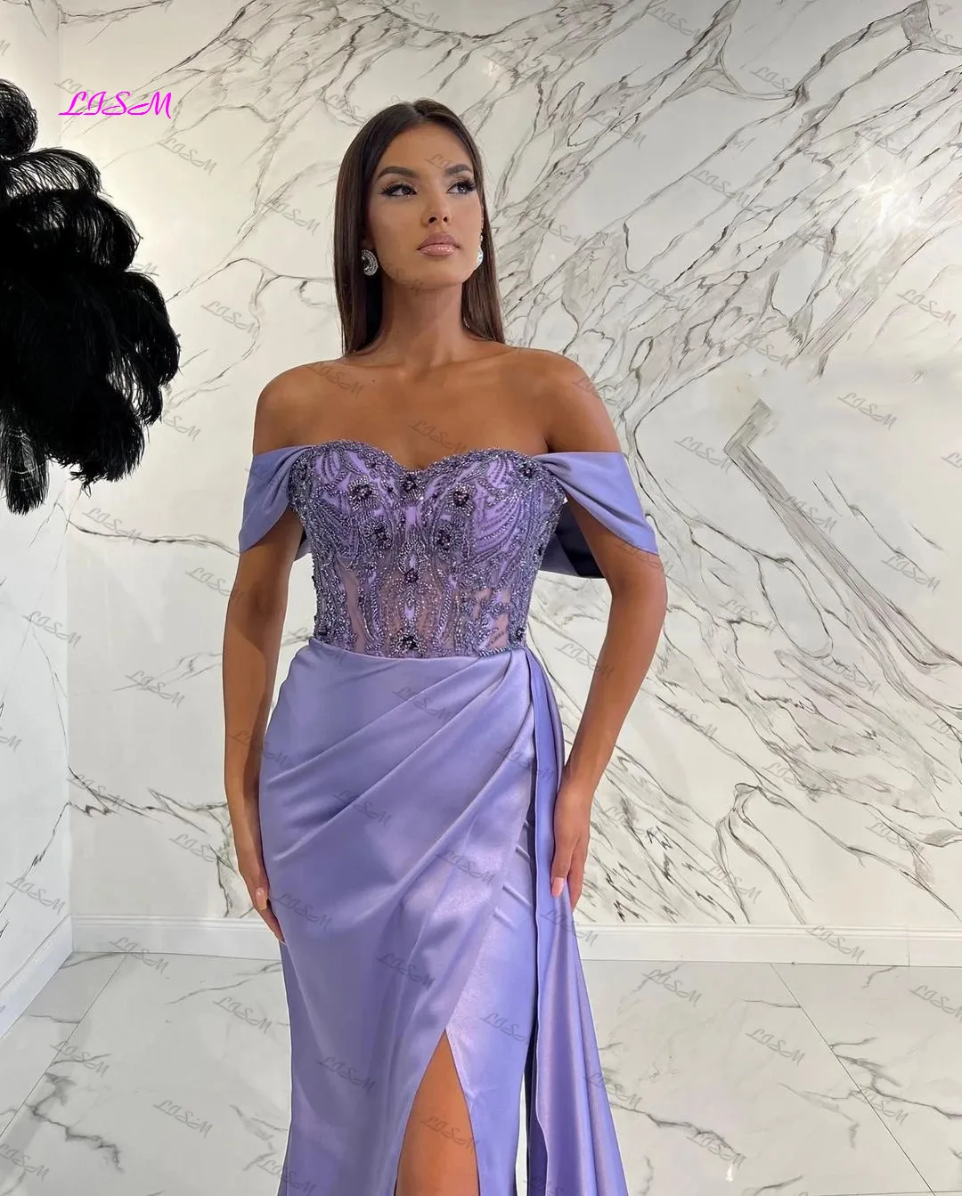 Lavender Crystals Beaded Satin Mermaid Prom Dresses Sexy High Side Split Pleat Ruched Evening Dress Wedding Party Gown 2023