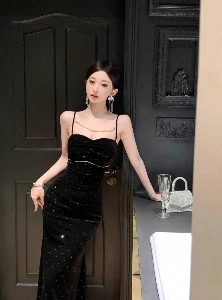 Ezgaga Sexy Mermaid Dresses Women Velvet Sleeveless V Neck Backless French Style Chic Party Temperament Elegant Dress Ladies