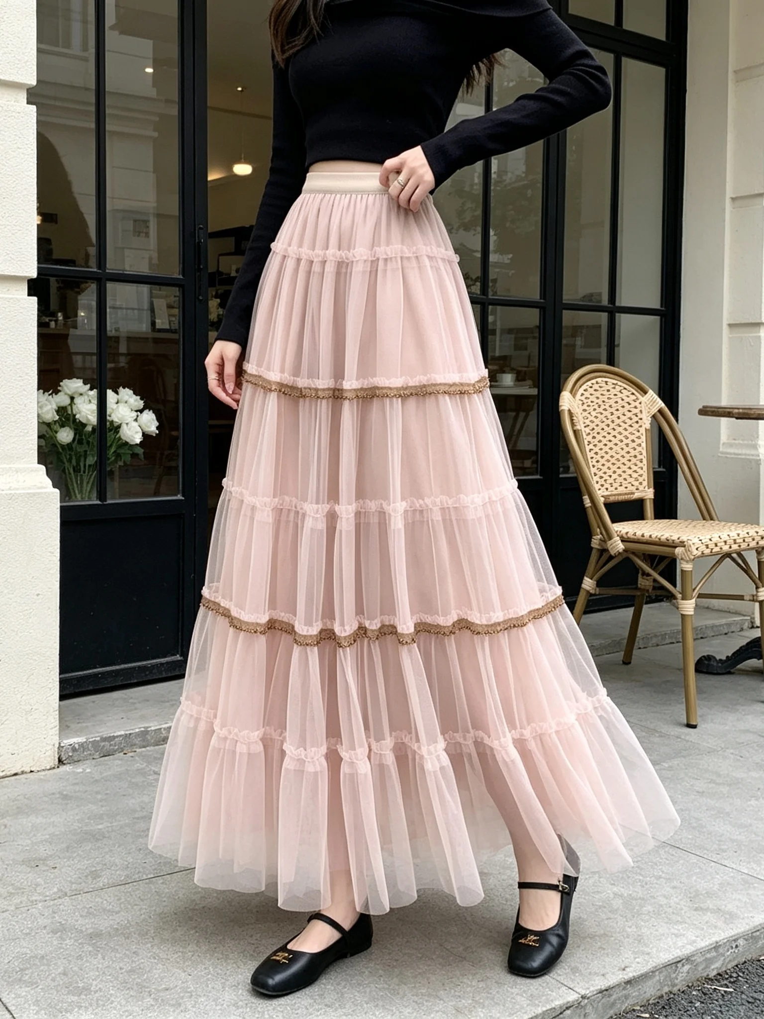 Long Mesh Skirt Women's Spring Autumn New Style Cake Skirt Design Sensation Slimming Large Swing Skirt High Waist A-Line