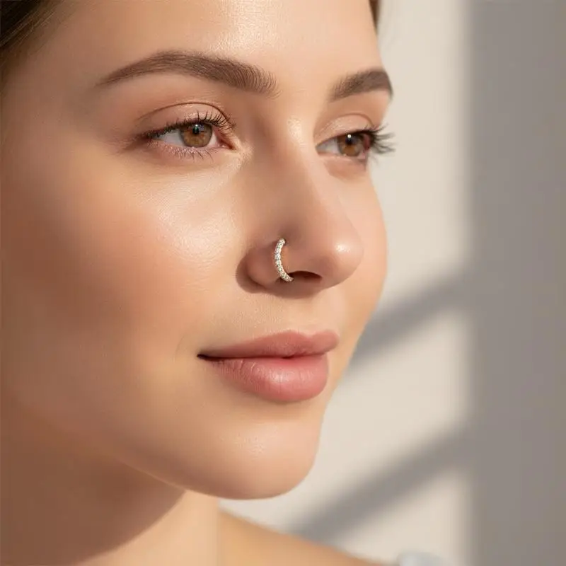 1Pcs Body Jewelry F136 Titanium D Shape Nose Clicker With Full CZ 16G Hinged Segment Hoop Conch Helix Ear Piercing