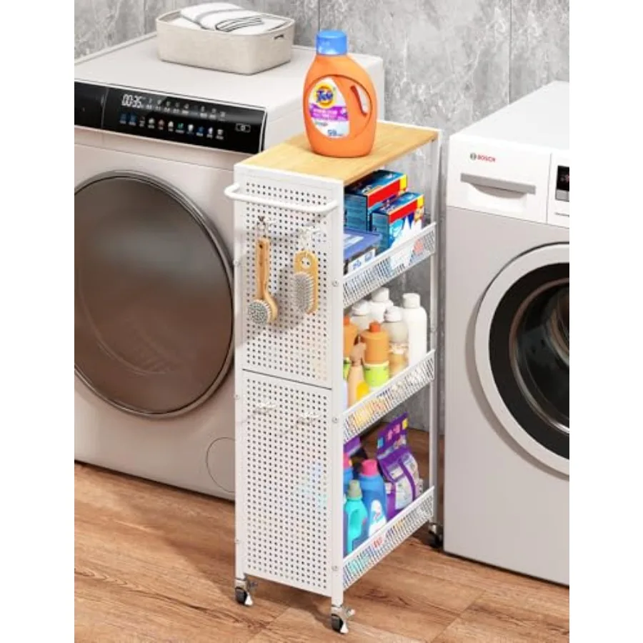 

Utility Slim Stora Cart 4 Tier Small Rolling Kitcen Laundry Room Orgazation Cart wit Wood Top Metal Narrow Laundry Room Sees Ca