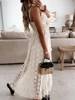 Summer Fashion Sexy Beach Vacation Long Dress Lace Sleeveless Women Dress V Neck Hollow Out Elegant Loose Dresses - Image 3