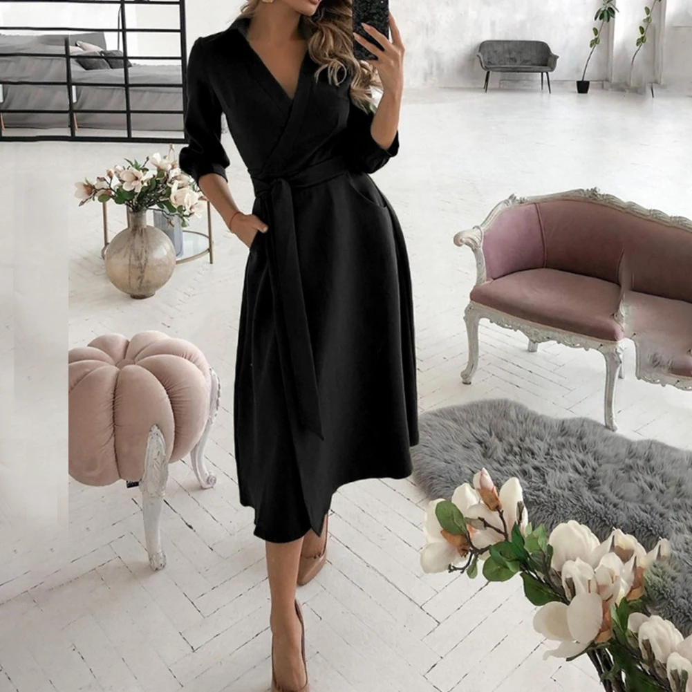 

New Fashion Womens Long Sleeve Floral Midi Dress Lace Up Belted V-Neck Solid Wrap Dresses Solid Buttocks Waistband Ladies Skirts