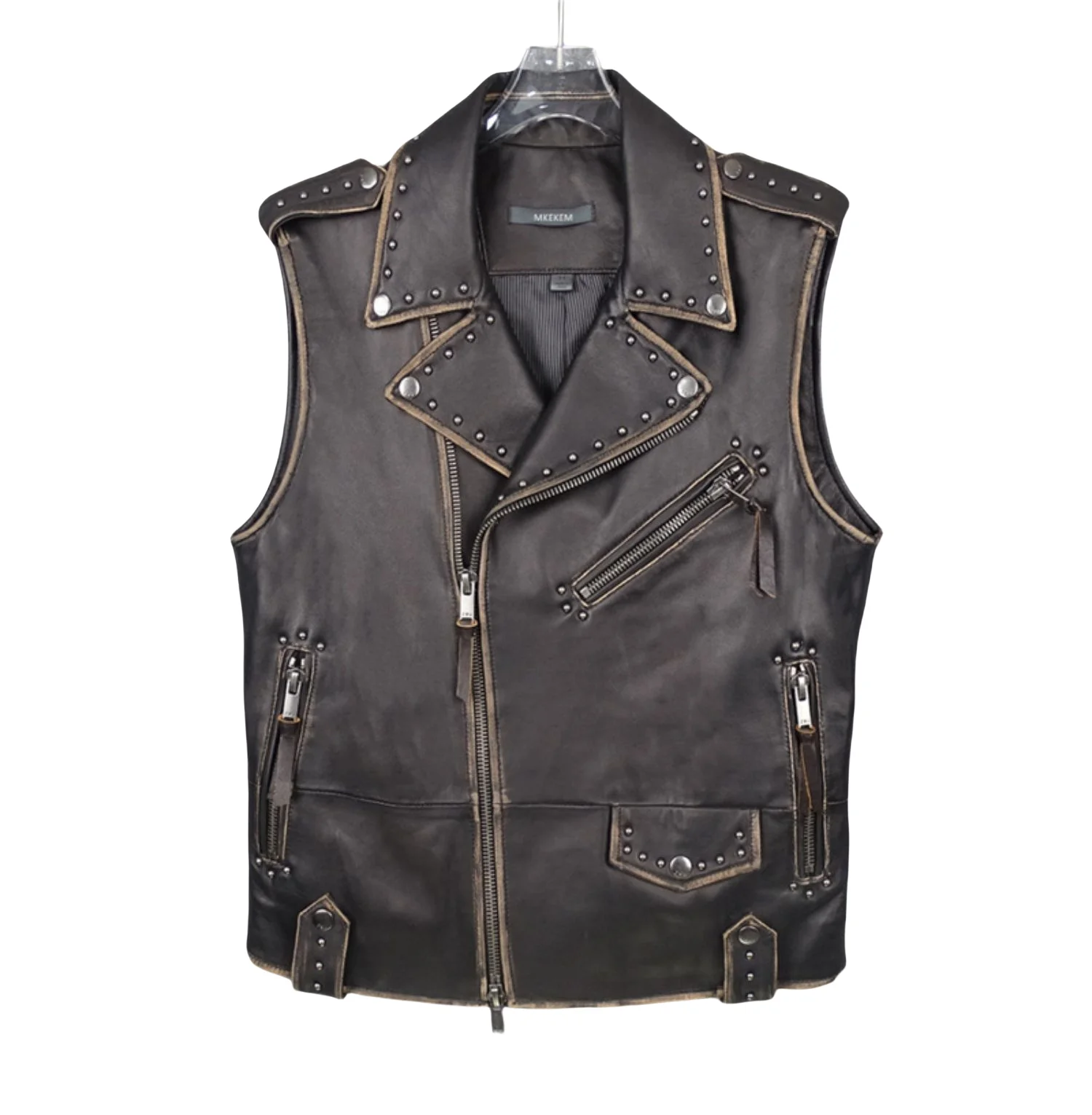 

Black Four Seasons Leather Vest Men Retro Vintage Style Plus Size 3XL Genuine Natural Sheepskin Turn-Down Collar Rivets Vest