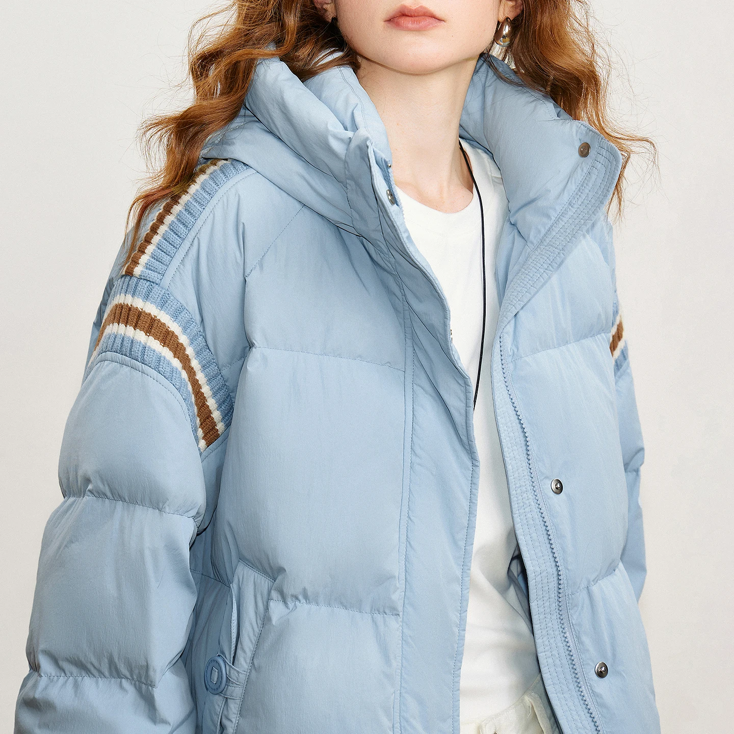 TOYOUTH Women 90% White Duck Down Jacket 2025 Winter New Stand up Collar Hooded Contrasting Knitted Patchwork Thicking Warm Shor