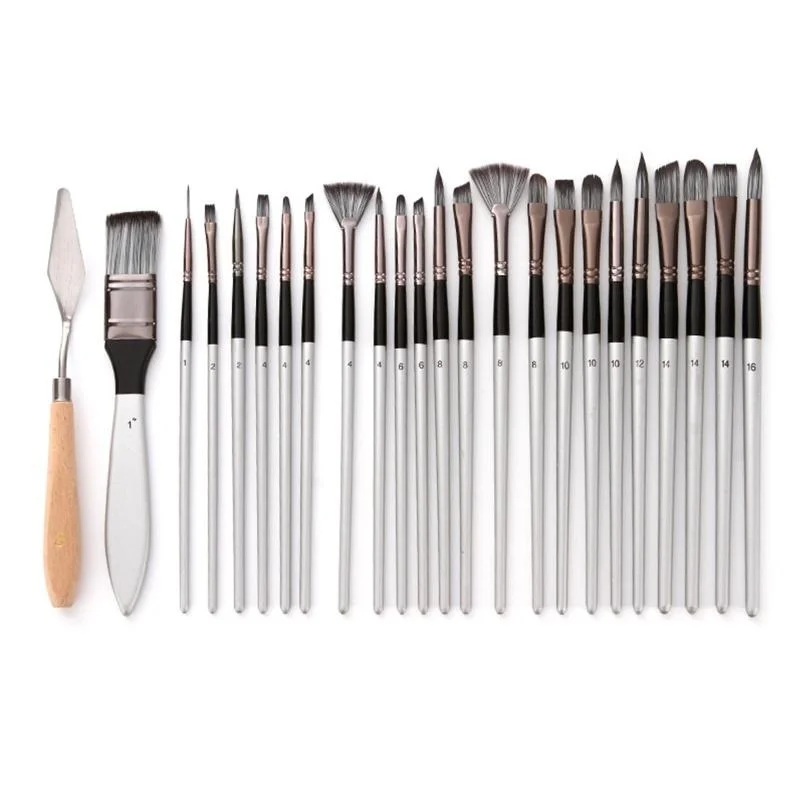 24 pcs/set Nylon Hair Wooden Handle Watercolor Paint Brush Pen Scrubbing Scraper Acrylic Painting Art Paint Brushes Supplies
