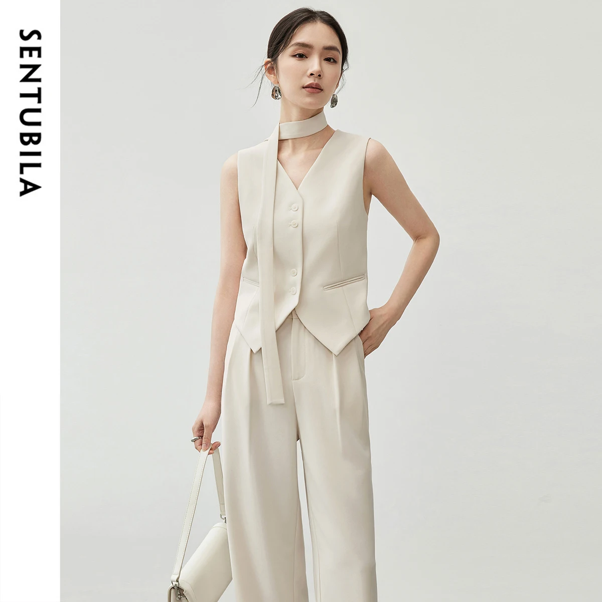 SENTUBILA Summer Women's Suit Two Piece Set Halter Neck Streamer Vest Straight Trousers Pant Sets 2025 Ladies Clothing 143Z55952