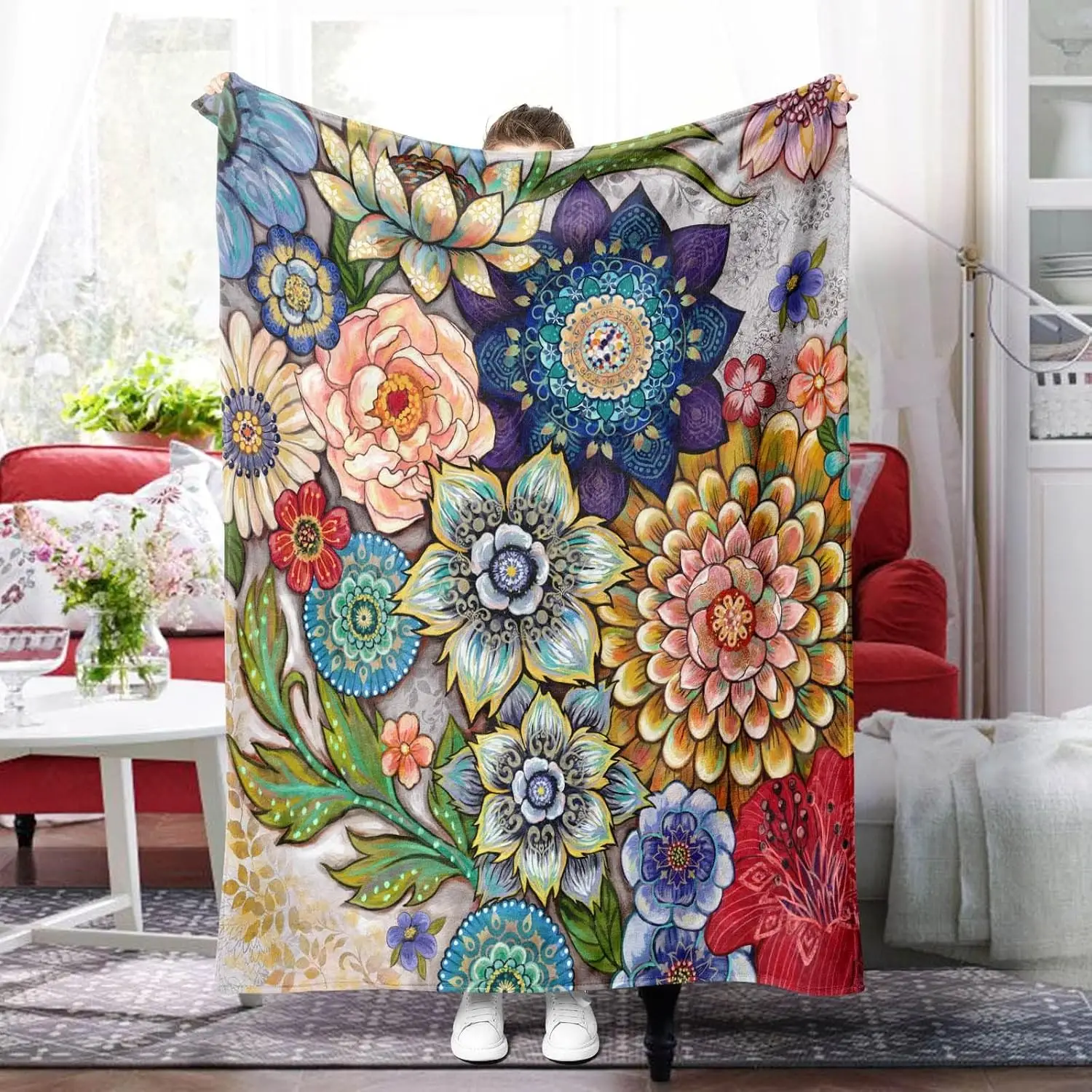 Floral Throw Blanket Vibrant Boho Blossom Flower Botanical Art Home Bedroom Living Room Decor Gift