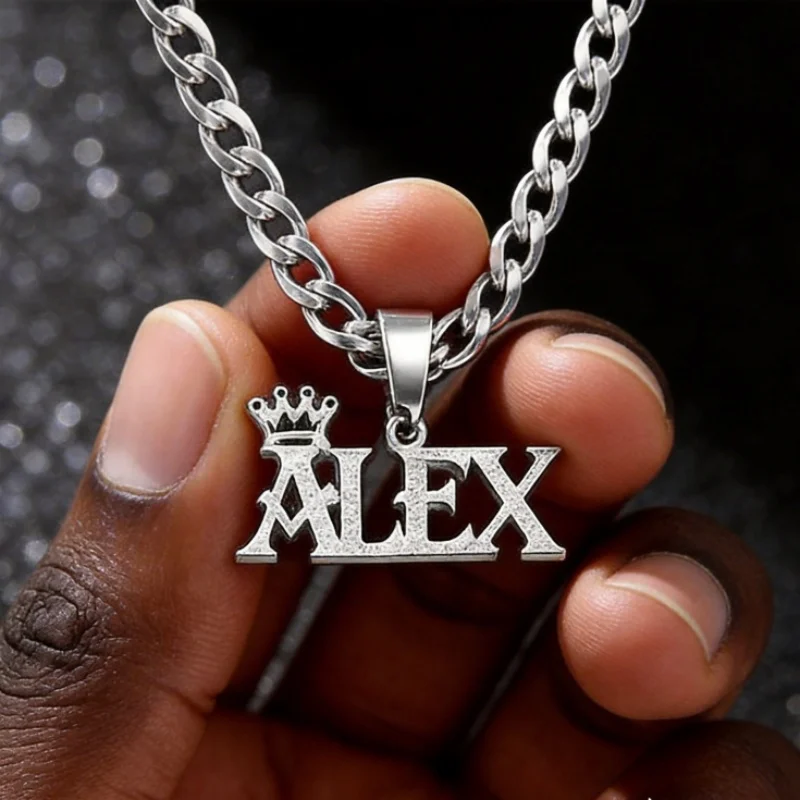 Custom Name Pendant Personalized Crown Jewelry Stainless Steel Sand compaction Cuban Necklace for Men Birthday Jewelry Gift