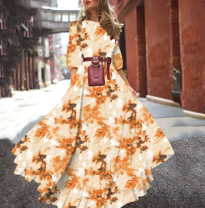 Spring Summer Vintage Flower Floral Print Maxi Dress Office Lady Fashion Elegant Long Sleeve O-neck Dresses For Women 2024