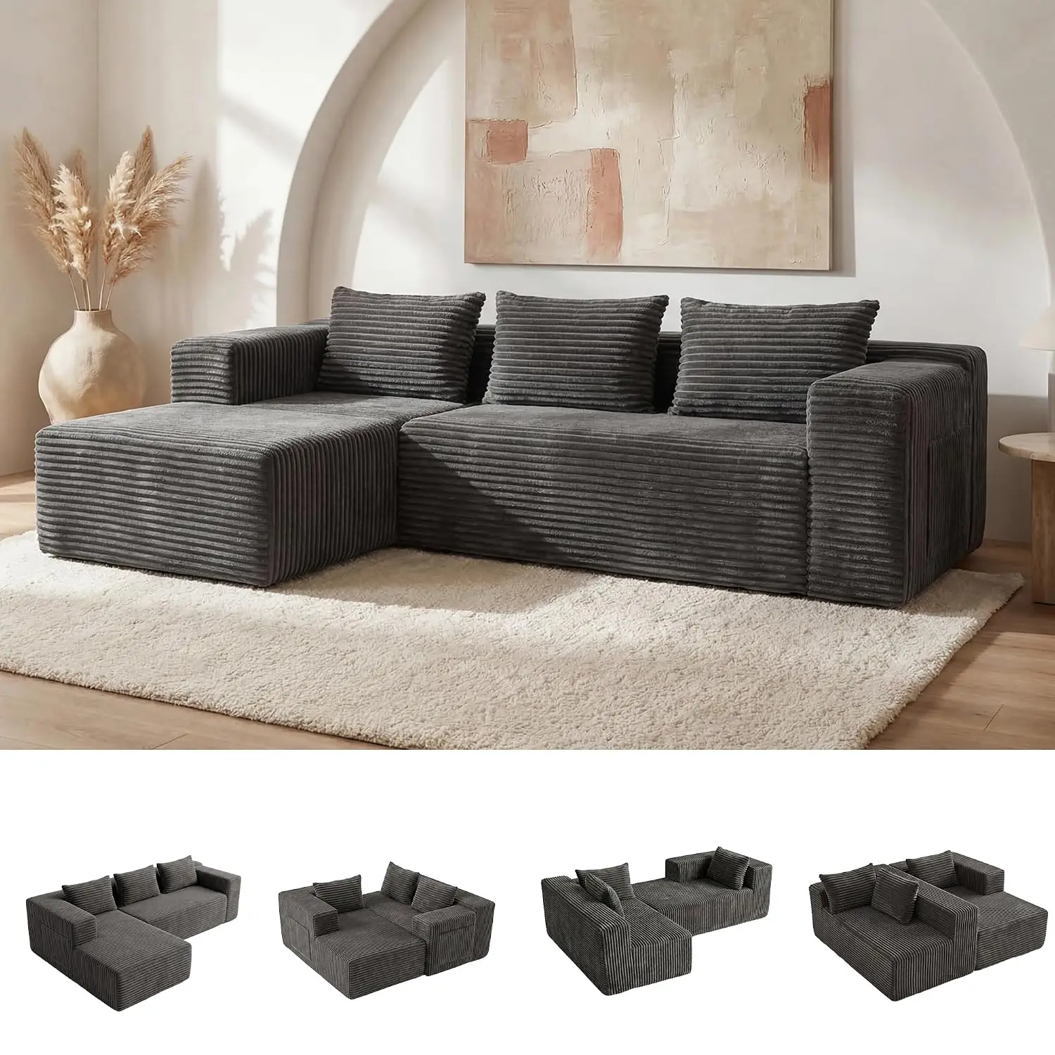 Modular Boneless L-Shaped Sofa Living Room Side Pockets, Customized