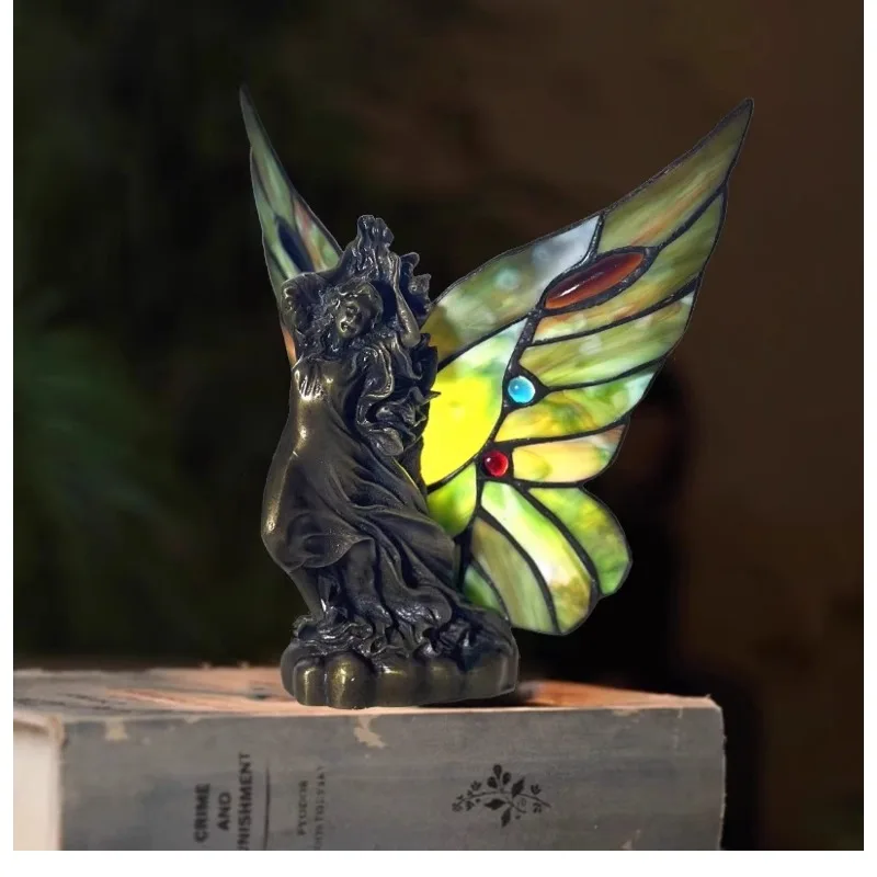 Everbright Store Vintage Tiffany Butterfly Table Lamp Colorful Stained Glass Night Light Retro Bedside Desk Home Art Decor Gift