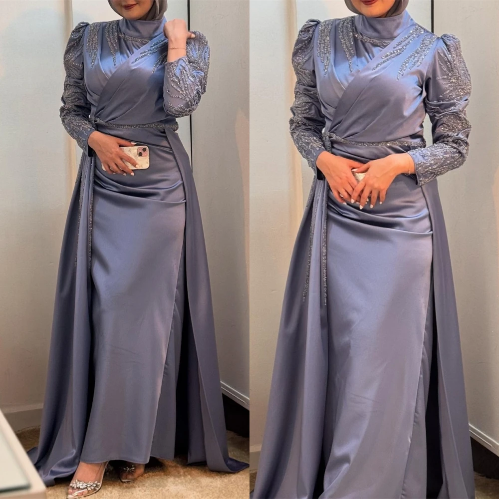 فستان سهرة مخصص بياقة عالية وأكمام طويلة من الساتان على شكل حرف A، فساتين رائعة للمناسبات الخاصة بطول الكاحل للحفلات الراقصة