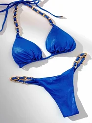 Bikini con microtanga y cadenas de Metal para mujer, traje de baño femenino, conjunto de Bikini de dos piezas, Bikinis brasileños, traje de baño para nadar