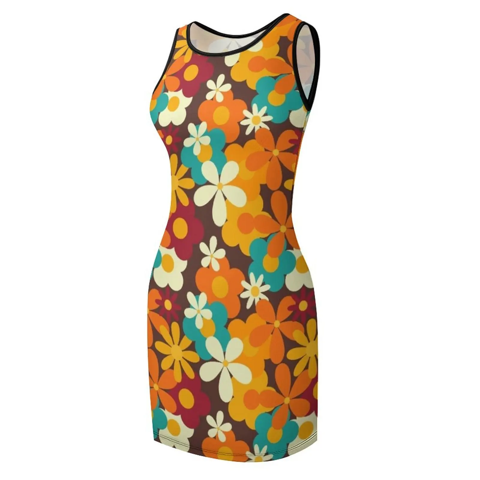 Retro anni '70 Colori classici Flower Power Modello di ripetizione senza cuciture Stampa Abito estivo senza maniche Abito da donna da spiaggia