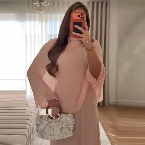 Women's Fashion Pink High Neck Cape Dress Elegant Loose Long Sleeve Flowy Maxi Dress 2026 Spring NEW Lady Evening Party Outfit