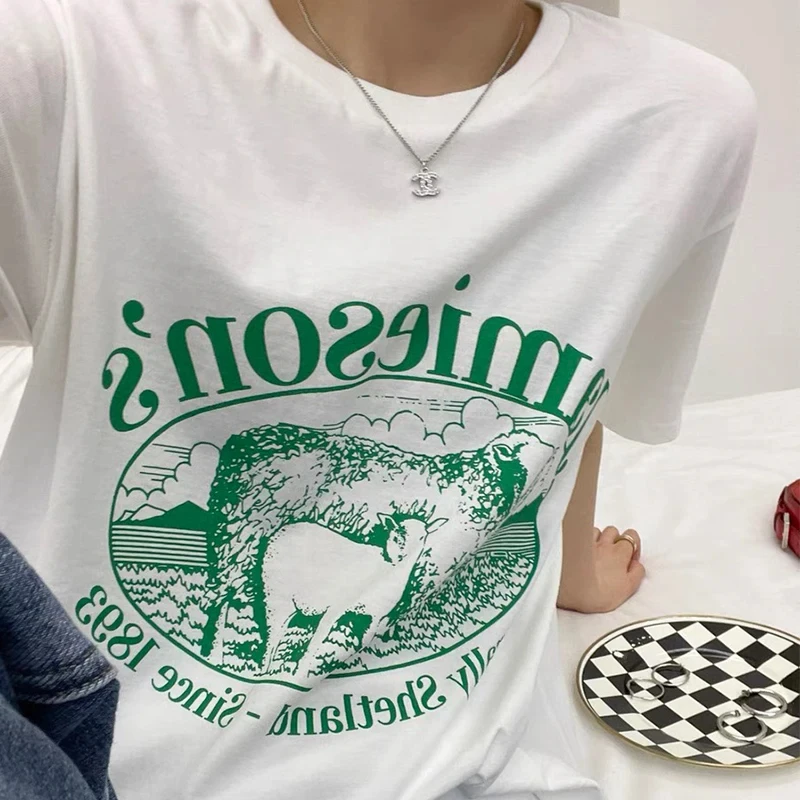 America Jamieson Sheeps Printed Vintage 90s Cotton T-shirt Female White Cotton Short Sleeve Graphic Tees Loose Kpop Women T Shir