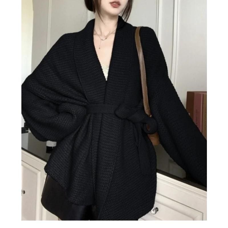 Knitted Cardigan Female Bathrobe Wind Aura Type Tie Fall and Winter Lazy Wind Sweater Jacket in Long Cardigan Loose