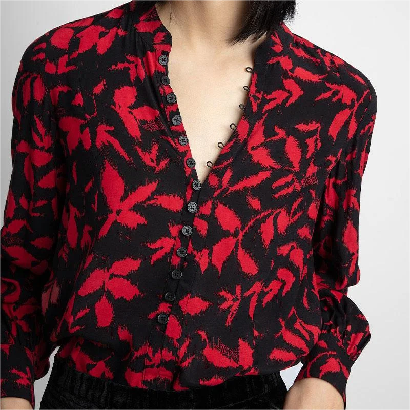 Zadig Causal Blouses Womens Chic Long Sleeve Black Red Shirts Tops Female Fashion Maple Leaf Blouses Top Lady Shirts Clothings