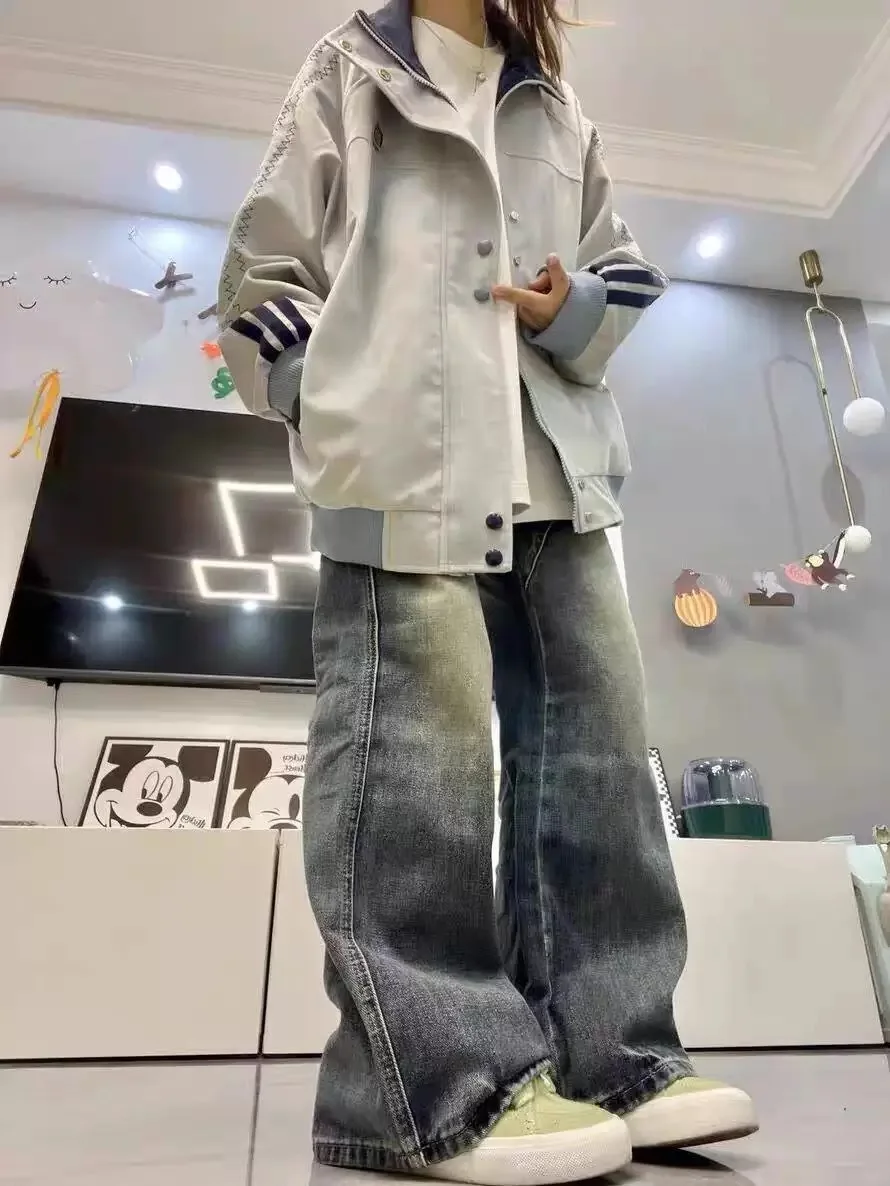 

Женская бейсбольная куртка-бомбер в стиле колор-блок, свободного кроя, в американском и университетском стиле, с длинными рукавами, на пуговицах