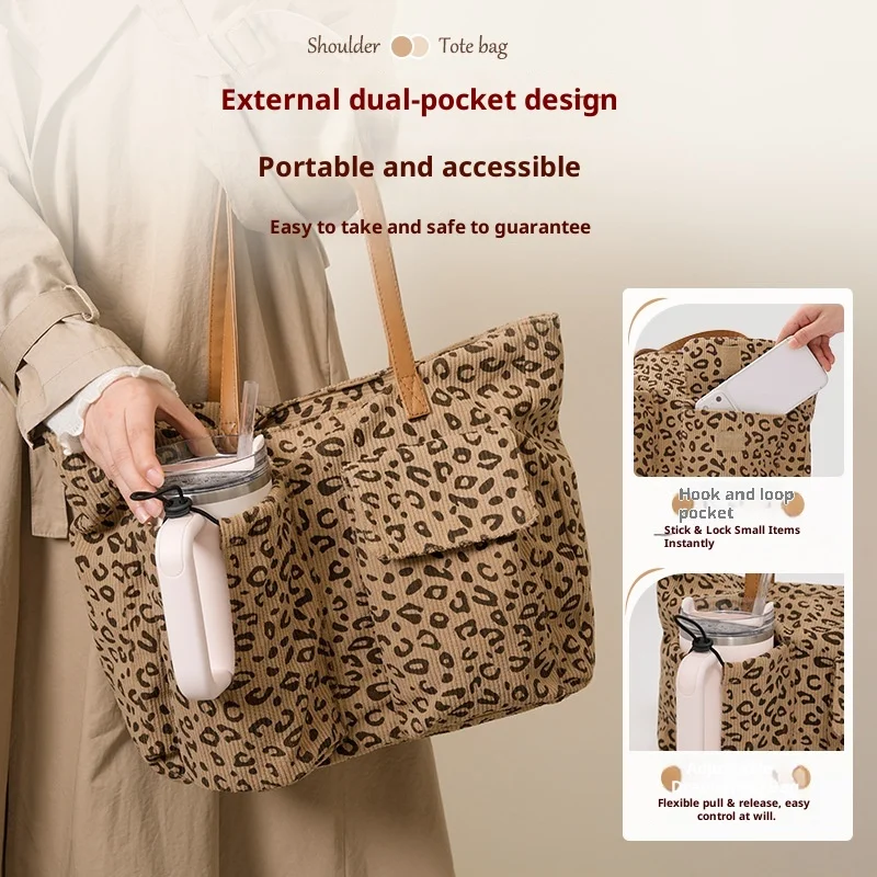 

Leopard Print Tote Bag for Women – Corduroy Large Capacity Shoulder Bag with External Water Bottle Pocket Summer Bag