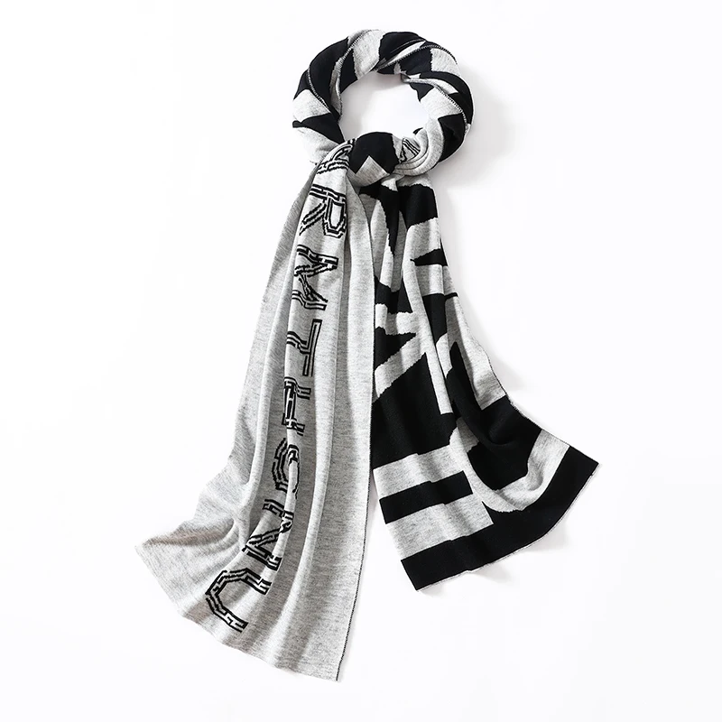 Top Grade Mens Wool Blend Long Scarves Autumn & Winter Fashion Letters Knit Scarf 30% Sheep Wool Long Warm Scarf