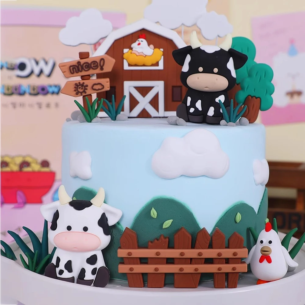 New Farm Cake Topper White Black Cow Cake Topper Farm Cabins Trees Grass Cake Decorations for Kids Happy Birthday Party Supplies