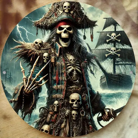 2D Round Vintage Skeleton Pirate Aluminum Wall Art - HD Print Metal Sign, Waterproof Dustproof, Perfect for Home Garden Cafer