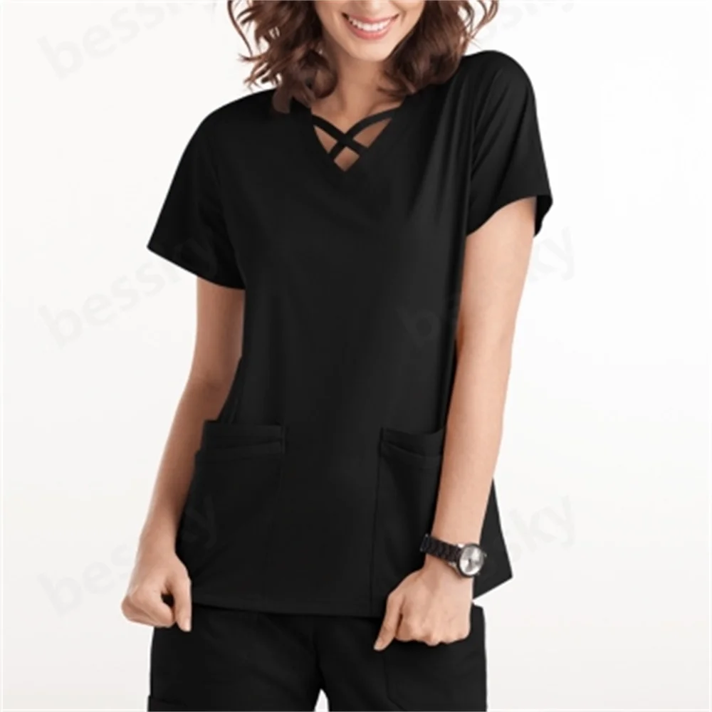 

Women's short sleeved V-neck pocket caregiver T-shirt top
