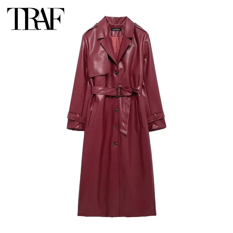 TRAF 2024 Women Faux Leather Windbreak Oversized Belt Trench Coat Outerwears Autumn Winter Fashion Elegant Winered Black Coat