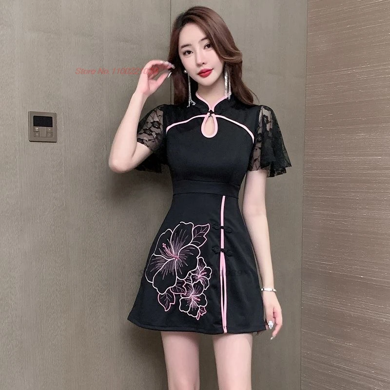 2025 national flower print lace qipao dress+shorts set improved cheongsam dress traditional banquet dress hotel spa work dress