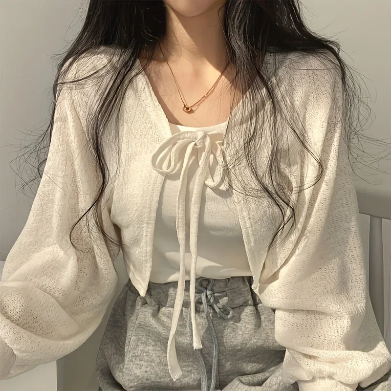 Lantern sleeve thin cardigan shawl summer sun protection shirt with belt outerwear women's air conditioning shirt