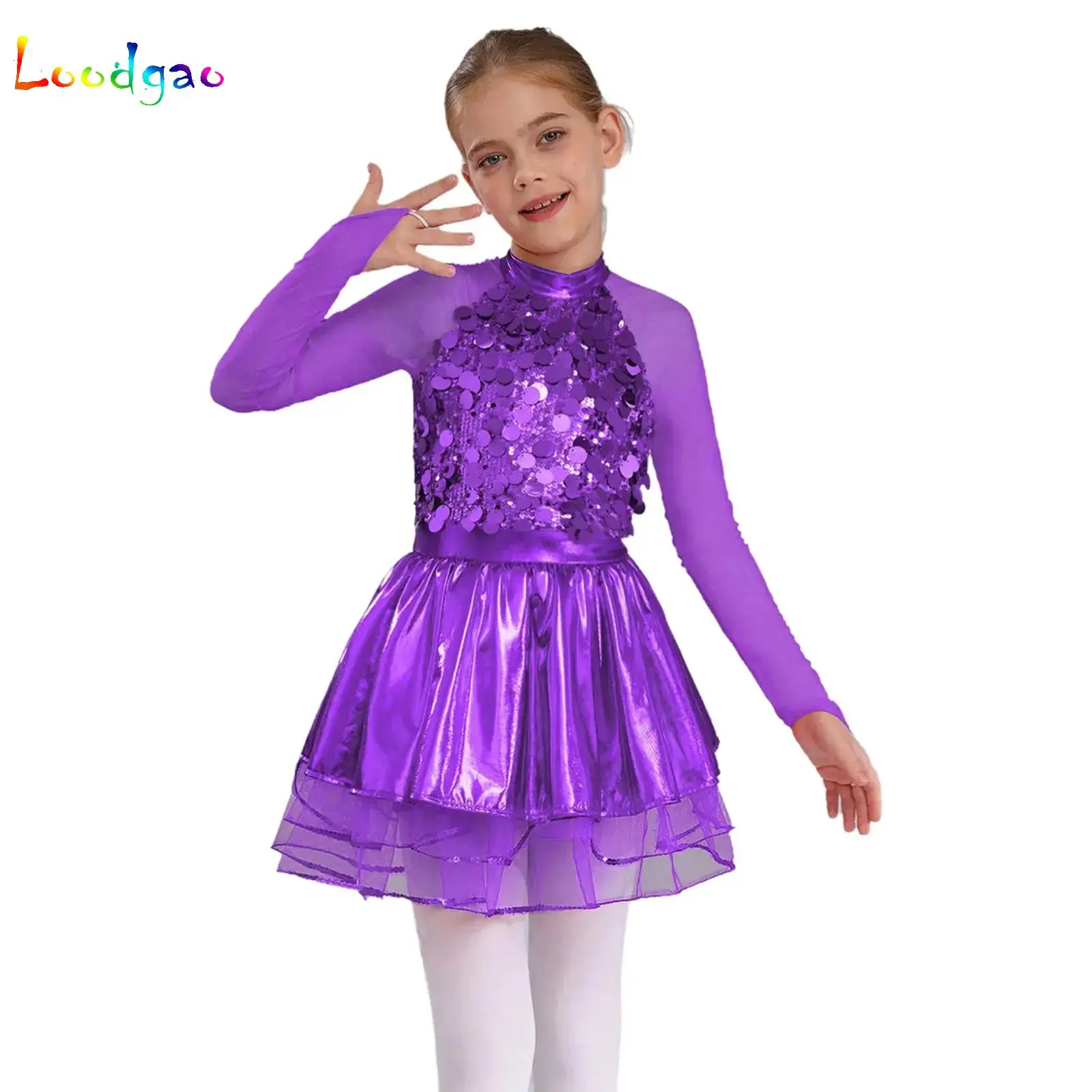 

Kids Girls Sequins Ballet Dress Sheer Mesh Long Sleeves Leotard Tutu Dress Lyrical Latin Jazz Figure Skating Dance Costumes