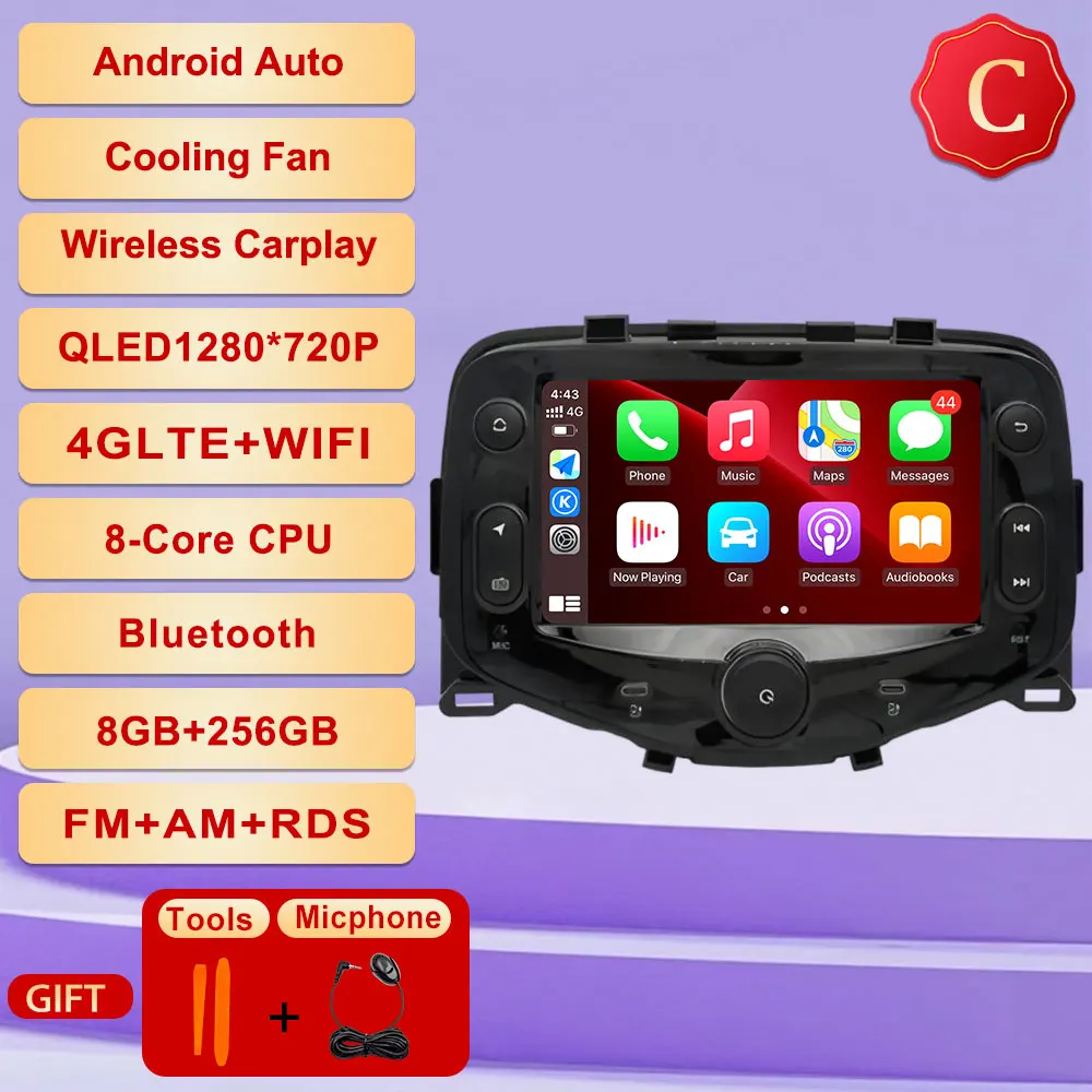 Android 15 Voor Toyota Aygo Peugeot 108 Citroen C1 2014-2021 Autoradio Multimedia Gps-navigatie Carplay Auto speler Bluetooth - afbeelding 1