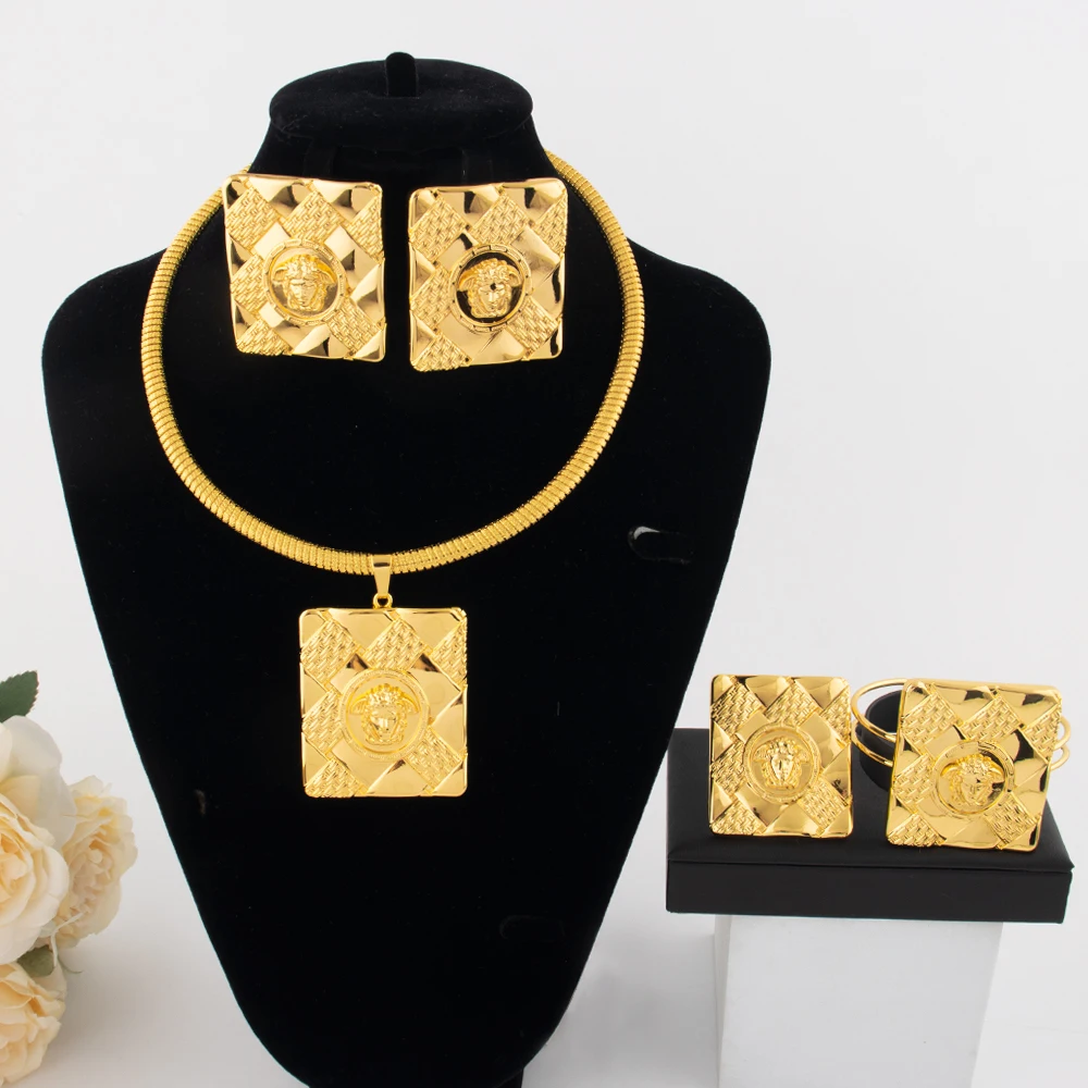 

Nigerian Luxury Women Jewelery Set Dubai Gold Color Square Earrings Portrait Necklace Bracelet Ring for Daily Wear Party Gift