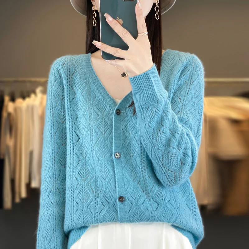 WOTEEWS  New cardigan wool women\'s V-neck sweater solid color knitted hollow out women\'s long sleeved sweater thin summer jacket