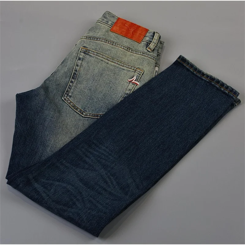 Retro distressed gradually changing color jeans for men, fashionable high-end trendy brands, casual stretch slim fit denim pants