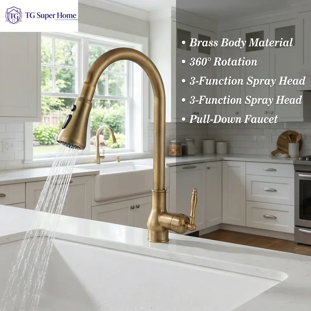 Bronze Pull-Out Kitchen Faucet Full Copper Craft Cold And Hot Faucet Retractable Spray Head Multi-Mode Water Output Durable Leak