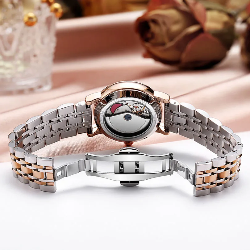 Difanni Rose Gold Watch Woman Stainless Steel Mechanical Wristwatch Luxury Auto Self-Wind Luminous Female Relogio For Women