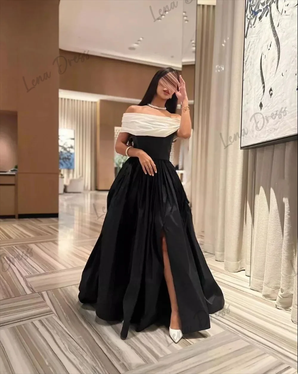 Lena-Black Off Shoulder Satin Evening Dress 2024 Luxury Formal Party Dress