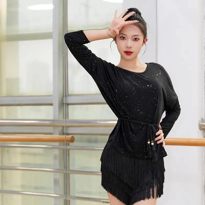 

customized long sleeved Latin costume ballroom dance dress loose tops women adult training clothing vestidos de danza cristiana