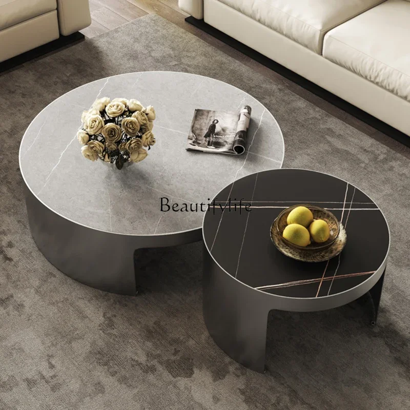 

*Italian rock slab coffee table light luxury black titanium creative size round stainless steel high and low combination