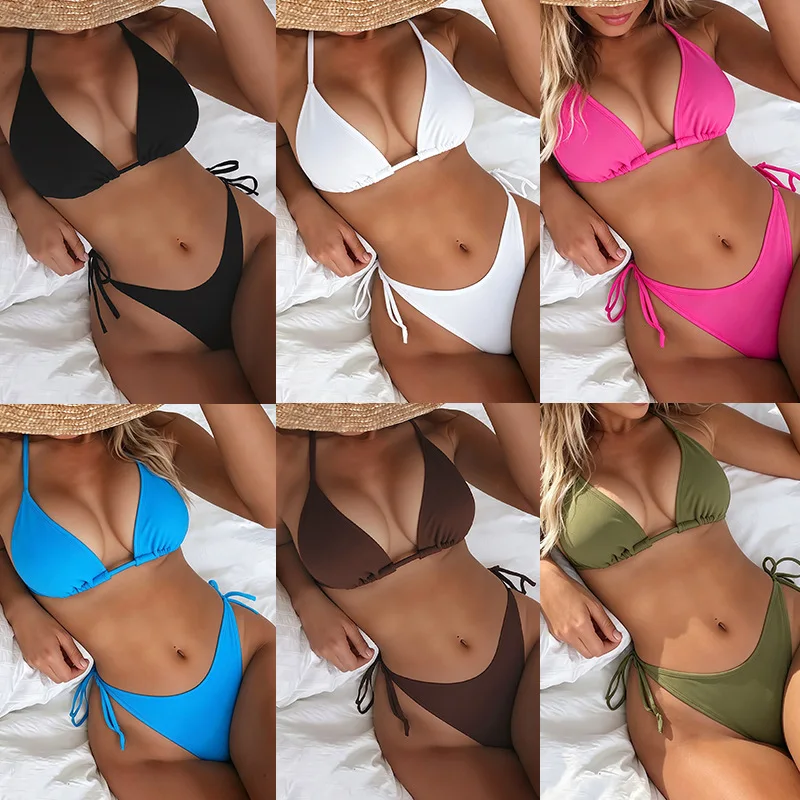New Solid Color Women's Bikini Set Triangle Cup Lace Up Low Waist Sexy Split Hot Girl Bikini Quick Drying Swimsuit for Women