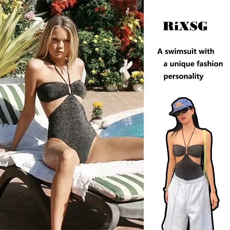 

Женский черный блестящий шелковый высококачественный сексуальный цельный купальник с подвесным воротником и маленькой грудью, треугольный купальник с горячей весной для отпуска, можно носить на улице