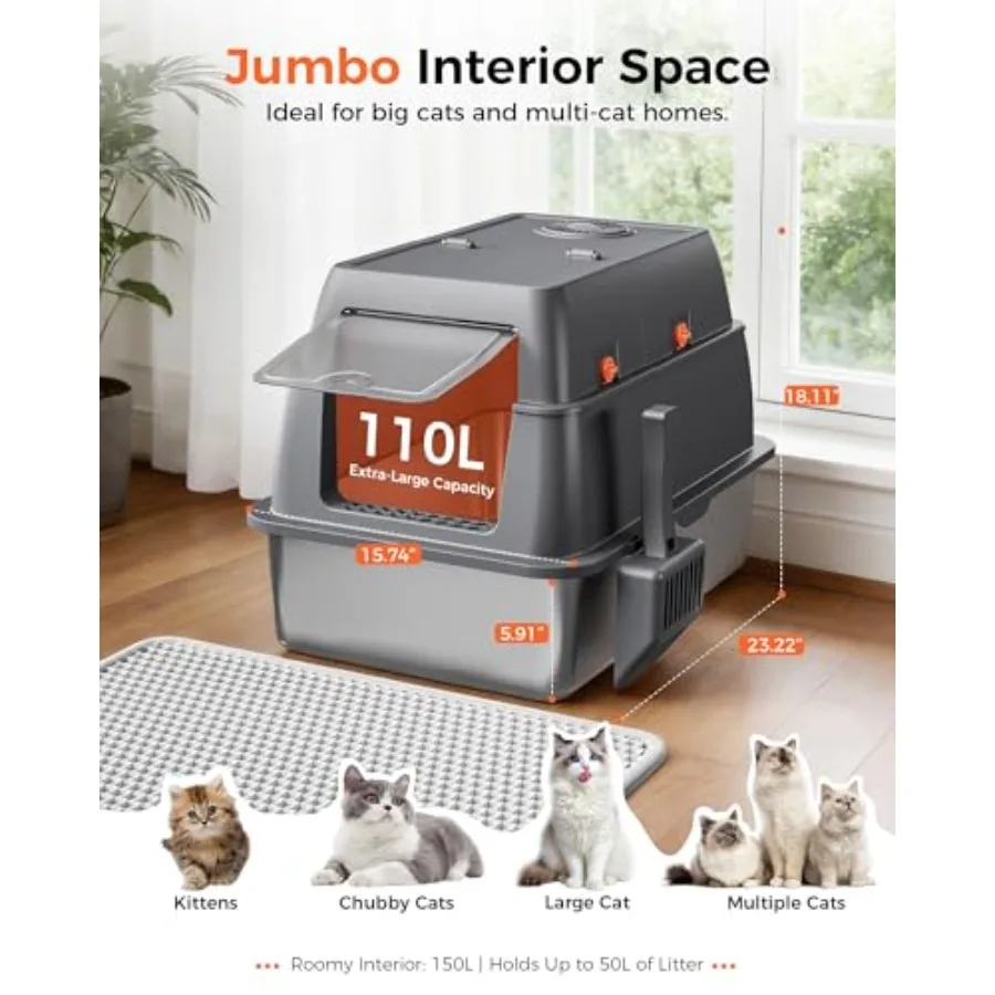 XXL Stainless Steel Cat Litter Box with Lid High Sided Enclosed Covered Litterbox Activated Carbon Odor Control Extra Large Met view 2