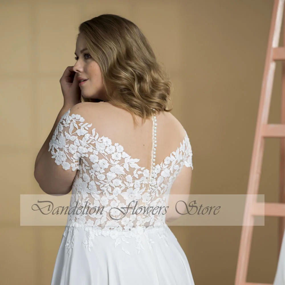 Classic Plus Size Wedding Dresses Chiffon O-Neck Short Sleeves Bride Gowns Lace Applique A-Line Sweep Train Vestido De Novia