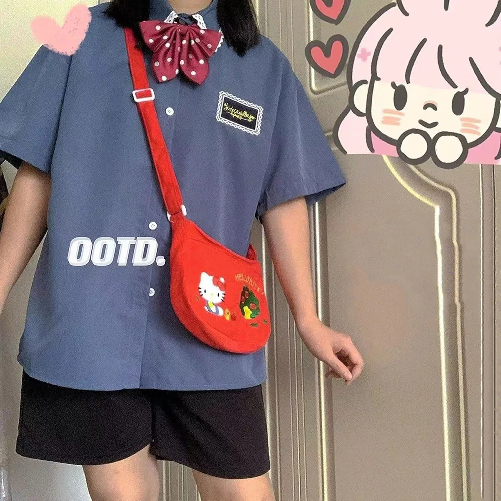 Sanrio Corduroy Crossbody Bag Hellokitty Retro Shoulder Bag Kawaii Anime Handbags Women\'s Fashion Satchel Cute Portable Bagpacks