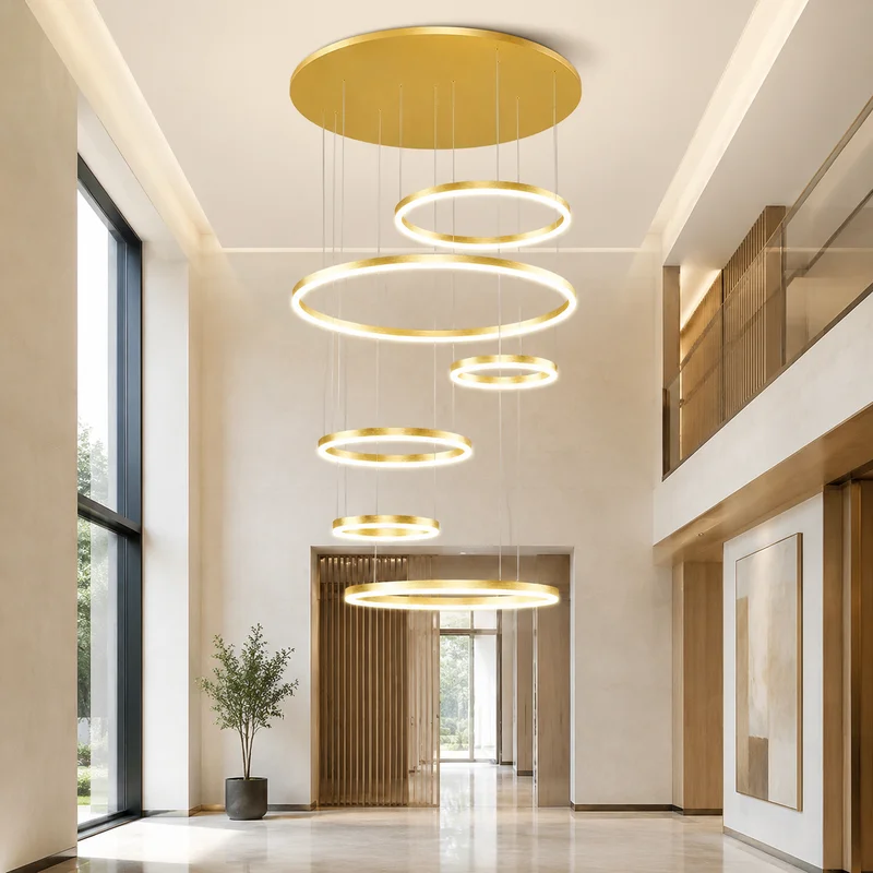Modern Aluminum Ring Multi Layer Sculptural Hanging Pendant For High Ceiling Living Room Villa Staircase Art Deco Chandelier