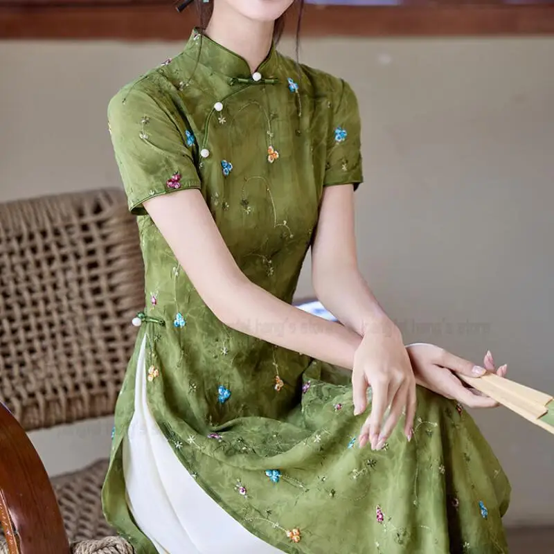 

Improved Aodi Qipao Women Elegant Greeen Qipaos New Chinese Style Dress Flower Print Stage Performance Costume Long Vestidos